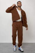 Оптом Спортивный костюм мужской модный из микровельвета коричневого цвета 55002K в Баку, фото 16