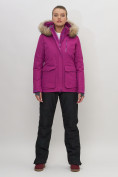 Оптом Куртка спортивная женская зимняя с мехом фиолетового цвета 551777F в Екатеринбурге