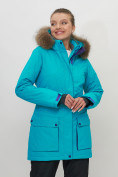 Оптом Парка женская с капюшоном и мехом зимняя бирюзового цвета 551961Br в Казани, фото 8