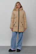 Оптом Зимняя женская куртка молодежная с капюшоном горчичного цвета 58622G в Новосибирске