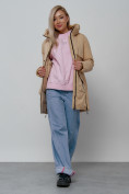 Оптом Зимняя женская куртка молодежная с капюшоном горчичного цвета 58622G в Баку, фото 10