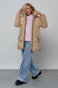 Оптом Зимняя женская куртка молодежная с капюшоном горчичного цвета 58622G, фото 12