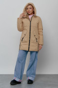 Оптом Зимняя женская куртка молодежная с капюшоном горчичного цвета 58622G, фото 5