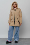 Оптом Зимняя женская куртка молодежная с капюшоном горчичного цвета 58622G, фото 6