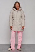 Оптом Зимняя женская куртка молодежная с капюшоном бежевого цвета 586821B в Казани
