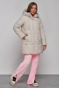 Оптом Зимняя женская куртка молодежная с капюшоном бежевого цвета 586821B в Екатеринбурге, фото 3