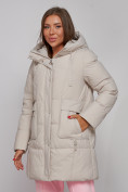 Оптом Зимняя женская куртка молодежная с капюшоном бежевого цвета 586821B в Казани, фото 6