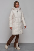 Оптом Пальто утепленное молодежное зимнее женское бежевого цвета 586826B в Самаре, фото 3