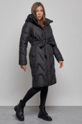 Оптом Пальто утепленное молодежное зимнее женское черного цвета 586828Ch в Баку, фото 2