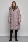 Оптом Пальто утепленное молодежное зимнее женское коричневого цвета 586828K в Екатеринбурге