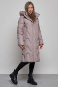 Оптом Пальто утепленное молодежное зимнее женское коричневого цвета 586828K в Екатеринбурге, фото 2