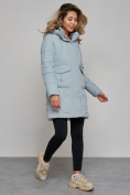 Оптом Зимняя женская куртка молодежная с капюшоном бирюзового цвета 586832Br в Казани, фото 4