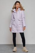 Оптом Зимняя женская куртка молодежная с капюшоном фиолетового цвета 586832F в Казани