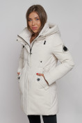 Оптом Зимняя женская куртка молодежная с капюшоном бежевого цвета 589003B в Казани, фото 12