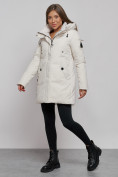 Оптом Зимняя женская куртка молодежная с капюшоном бежевого цвета 589003B в Казани, фото 2