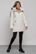 Оптом Зимняя женская куртка молодежная с капюшоном бежевого цвета 589003B в Казани, фото 3