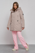 Оптом Зимняя женская куртка молодежная с капюшоном коричневого цвета 589003K в Екатеринбурге, фото 2