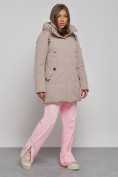 Оптом Зимняя женская куртка молодежная с капюшоном коричневого цвета 589003K в Екатеринбурге, фото 3