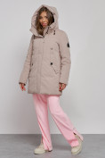 Оптом Зимняя женская куртка молодежная с капюшоном коричневого цвета 589003K в Казани, фото 6