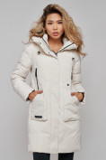 Оптом Зимняя женская куртка молодежная с капюшоном бежевого цвета 589006B в Казани, фото 9