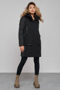 Оптом Зимняя женская куртка молодежная с капюшоном черного цвета 589006Ch в Казани, фото 2