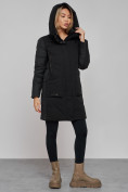 Оптом Зимняя женская куртка молодежная с капюшоном черного цвета 589006Ch в Казани, фото 6
