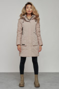 Оптом Зимняя женская куртка молодежная с капюшоном коричневого цвета 589006K в Екатеринбурге