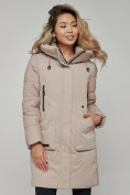 Оптом Зимняя женская куртка молодежная с капюшоном коричневого цвета 589006K в Казани, фото 11