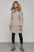 Оптом Зимняя женская куртка молодежная с капюшоном коричневого цвета 589006K в Казани, фото 3