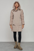Оптом Зимняя женская куртка молодежная с капюшоном коричневого цвета 589006K в Казани, фото 6