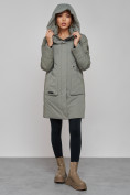 Оптом Зимняя женская куртка молодежная с капюшоном цвета хаки 589006Kh в Казани, фото 5