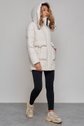 Оптом Зимняя женская куртка модная с капюшоном бежевого цвета 589827B в Екатеринбурге, фото 9