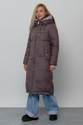 Оптом Пальто утепленное молодежное зимнее женское темно-коричневого цвета 59120TK в Баку, фото 3