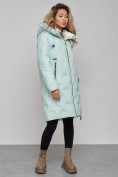 Оптом Пальто утепленное молодежное зимнее женское бирюзового цвета 59121Br в Омске, фото 2