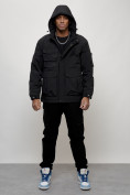 Оптом Куртка спортивная мужская весенняя с капюшоном черного цвета 705Ch в Новокузнецке, фото 15