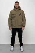 Оптом Куртка спортивная мужская весенняя с капюшоном темно-бежевого цвета 705TB в Тольятти