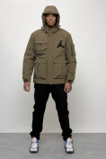 Оптом Куртка спортивная мужская весенняя с капюшоном темно-бежевого цвета 705TB, фото 5