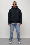 Оптом Куртка молодежная мужская весенняя с капюшоном темно-синего цвета 708TS в Омске