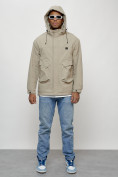 Оптом Куртка молодежная мужская весенняя с капюшоном бежевого цвета 7311B в Кемерово, фото 9