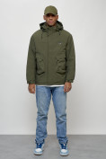 Оптом Куртка молодежная мужская весенняя с капюшоном цвета хаки 7311Kh
