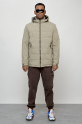 Оптом Куртка молодежная мужская весенняя с капюшоном бежевого цвета 7317B в Уфе