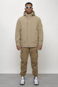 Оптом Куртка молодежная мужская весенняя с капюшоном бежевого цвета 7323B в Уфе