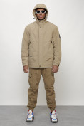 Оптом Куртка молодежная мужская весенняя с капюшоном бежевого цвета 7323B в Омске, фото 5