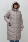 Оптом Пальто зимнее утепленное с капюшоном женское серого цвета 7623Sr, фото 5