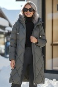 Оптом Пальто зимнее утепленное с капюшоном женское зеленого цвета 7637Z, фото 4