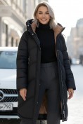 Оптом Пальто зимнее утепленное с капюшоном женское черного цвета 7747Ch, фото 4