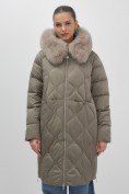Оптом Пальто зимнее утепленное с мехом и капюшоном тренд темно-коричневого цвета 7753TK, фото 8