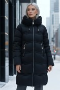 Оптом Пальто зимнее утепленное с капюшоном женское черного цвета 7779Ch, фото 4