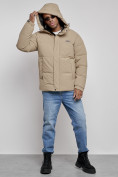 Оптом Куртка молодежная мужская зимняя с капюшоном бежевого цвета 8356B, фото 6