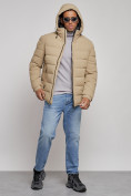 Оптом Куртка спортивная мужская зимняя с капюшоном бежевого цвета 8357B, фото 5